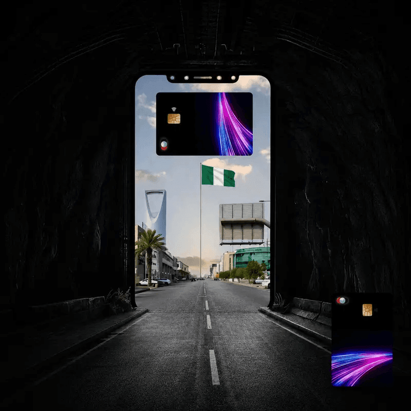 A phone showing a Nigerian street, a Bl!nk card on the screen