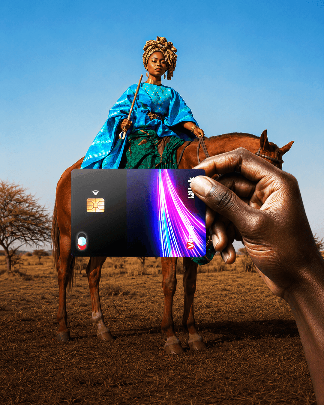 A hand holding a Bl!nk card before a rider in full Ojude Oba regalia